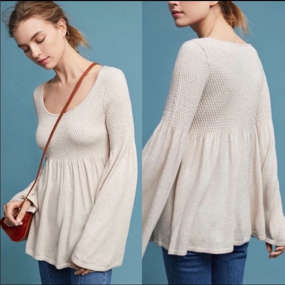 Anthro Knitted & Knotted Oatmeal Wool Blend Balloon Sleeve Babydoll Sweater Top
